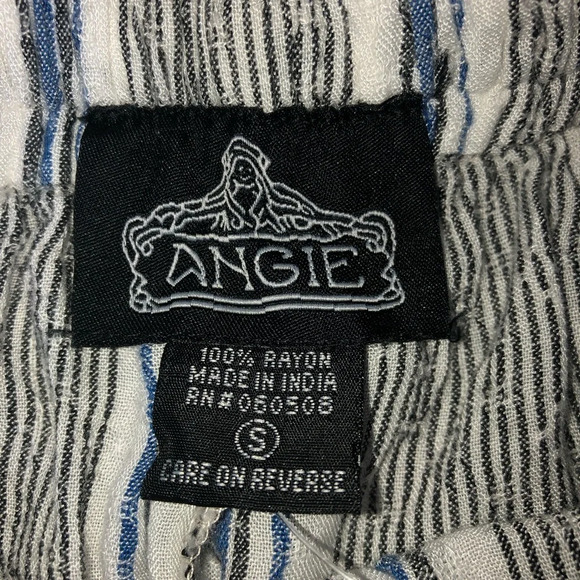 Angie Boho  Striped Pants Blue White Black S Elastic Waistband Tassels Pockets - Picture 2 of 12